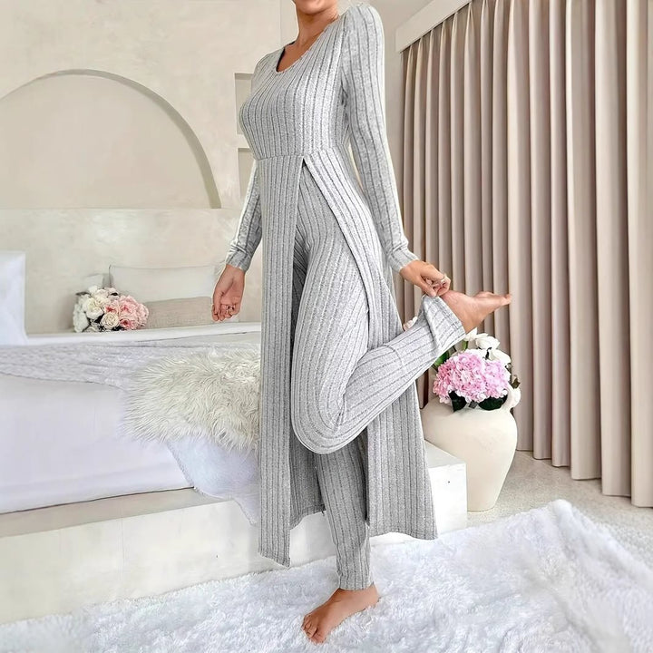 Damen eleganter und modischer Jumpsuit mit seitlichen Schlitzen und langen Ärmeln Drune
