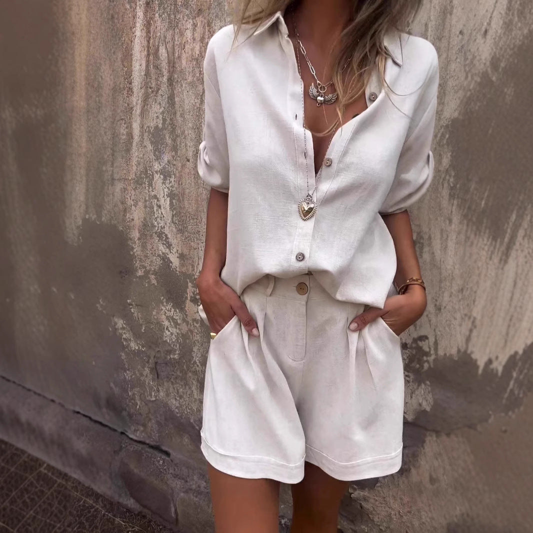 Damen Lässiges Jumpsuit-Set mit knöpfbarem Oberteil und elastischem Taillenzug Drune
