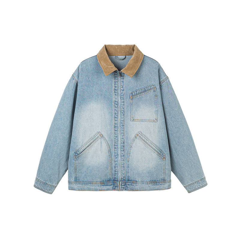 Herren Boxy-Denimjacke im Worker-Stil mit Cordkragen und Frontreißverschluss Drune