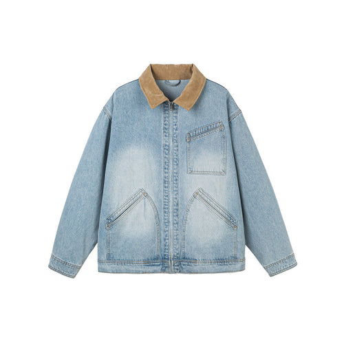 Herren Boxy-Denimjacke im Worker-Stil mit Cordkragen und Frontreißverschluss Drune
