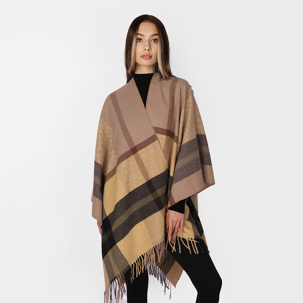 Damen Übergroßer Poncho mit Fransen und Karomuster Drune