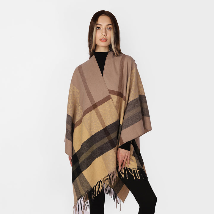 Damen Übergroßer Poncho mit Fransen und Karomuster Drune