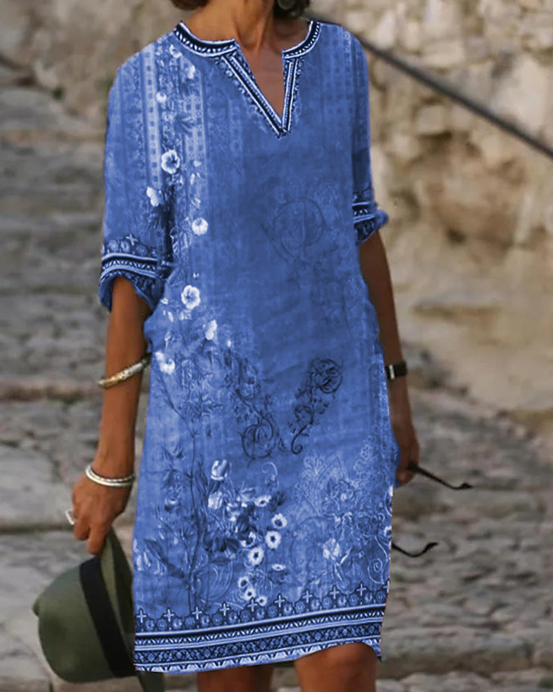 Damen Midi-Kleid im Boho-Leinen-Look mit V-Ausschnitt und Dreiviertelärmeln Drune