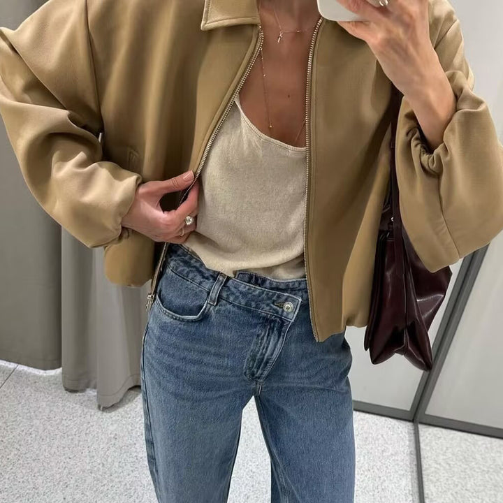 Damen Cropped Bomberjacke mit elastischem Saum, durchgehendem Reißverschluss und ballonärmeln Drune