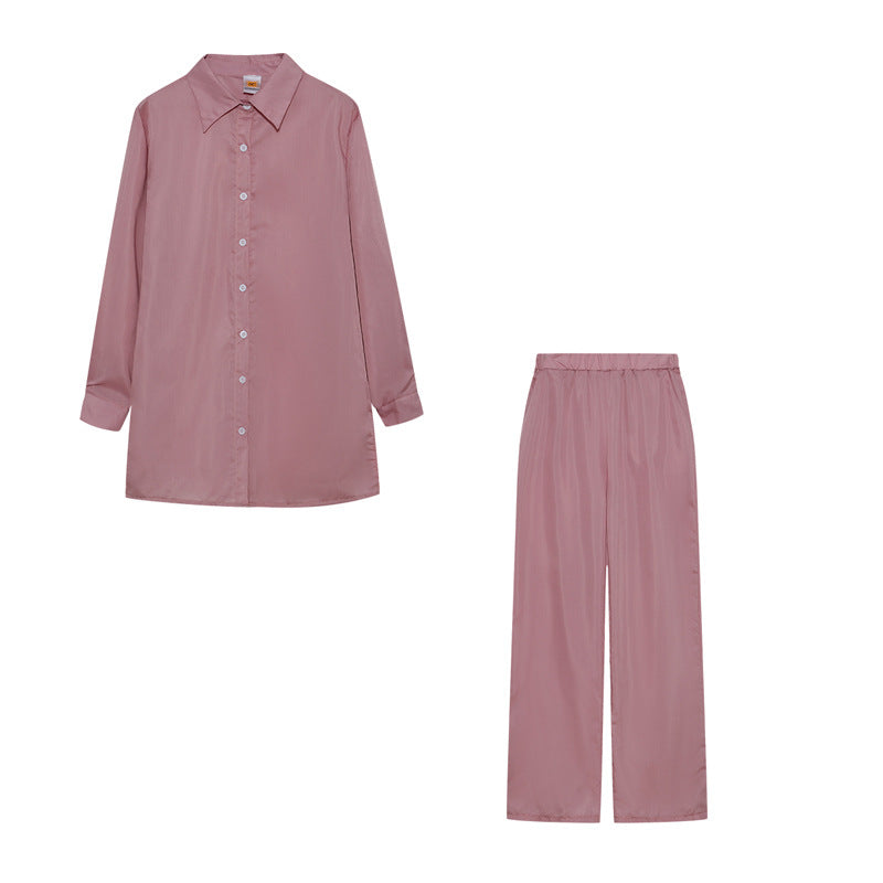 Damen Satin Pyjama Set mit langärmliger Bluse und weiten Hosen Drune