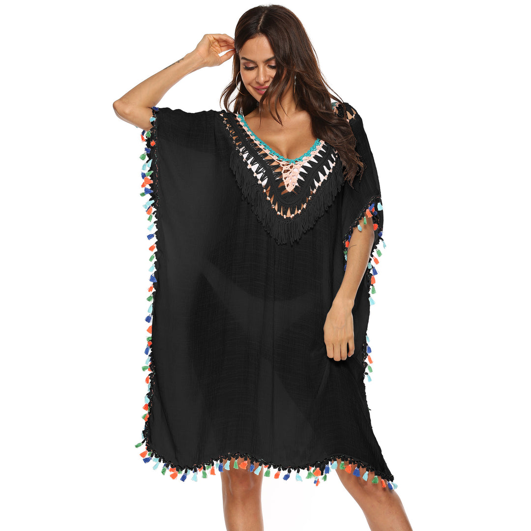 Damen Strandkaftan mit buntem Quastenrand Drune