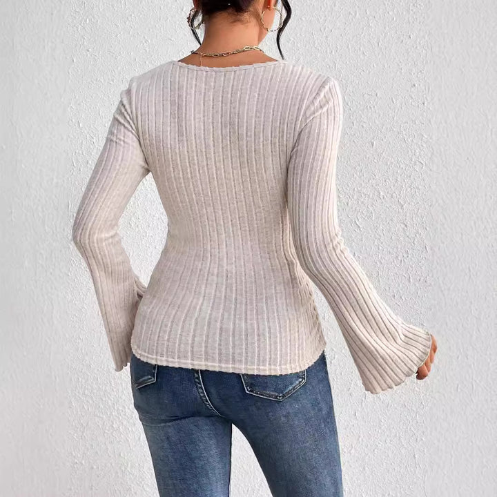 Damen geripptes Langarm-Top mit herzförmigem Dekolleté Taillennaht Twist-Detail und Trompetenärmeln Drune