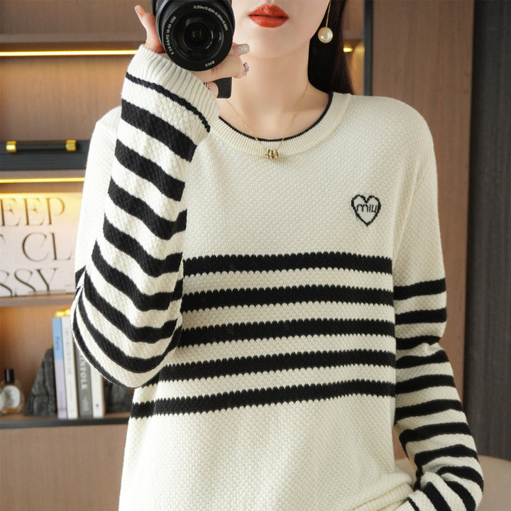 Damen Oversize-Strickpullover mit Wabenstruktur, kontrastierenden Streifen und dezentem Herzlogo Drune