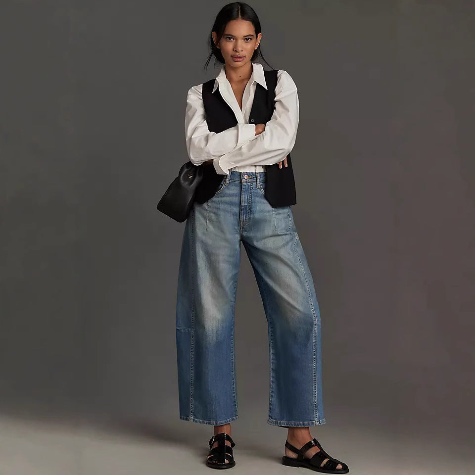 Damen weite Denim-Hose im modernen Schnitt mit hohem Bund Drune
