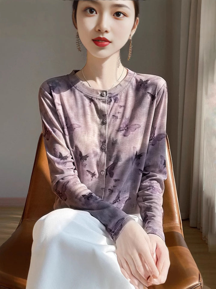 Damen Leichter Aquarell‑Print Feinstrick‑Cardigan mit Rundhalsausschnitt und Knopfleiste Drune