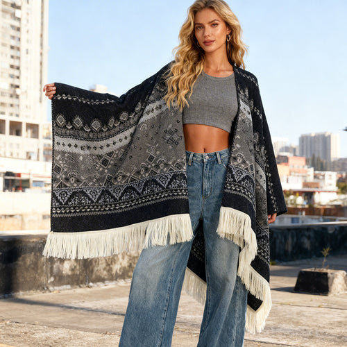 Damen Gewebter Ethno-Poncho mit Fransen und Jacquardmuster Drune