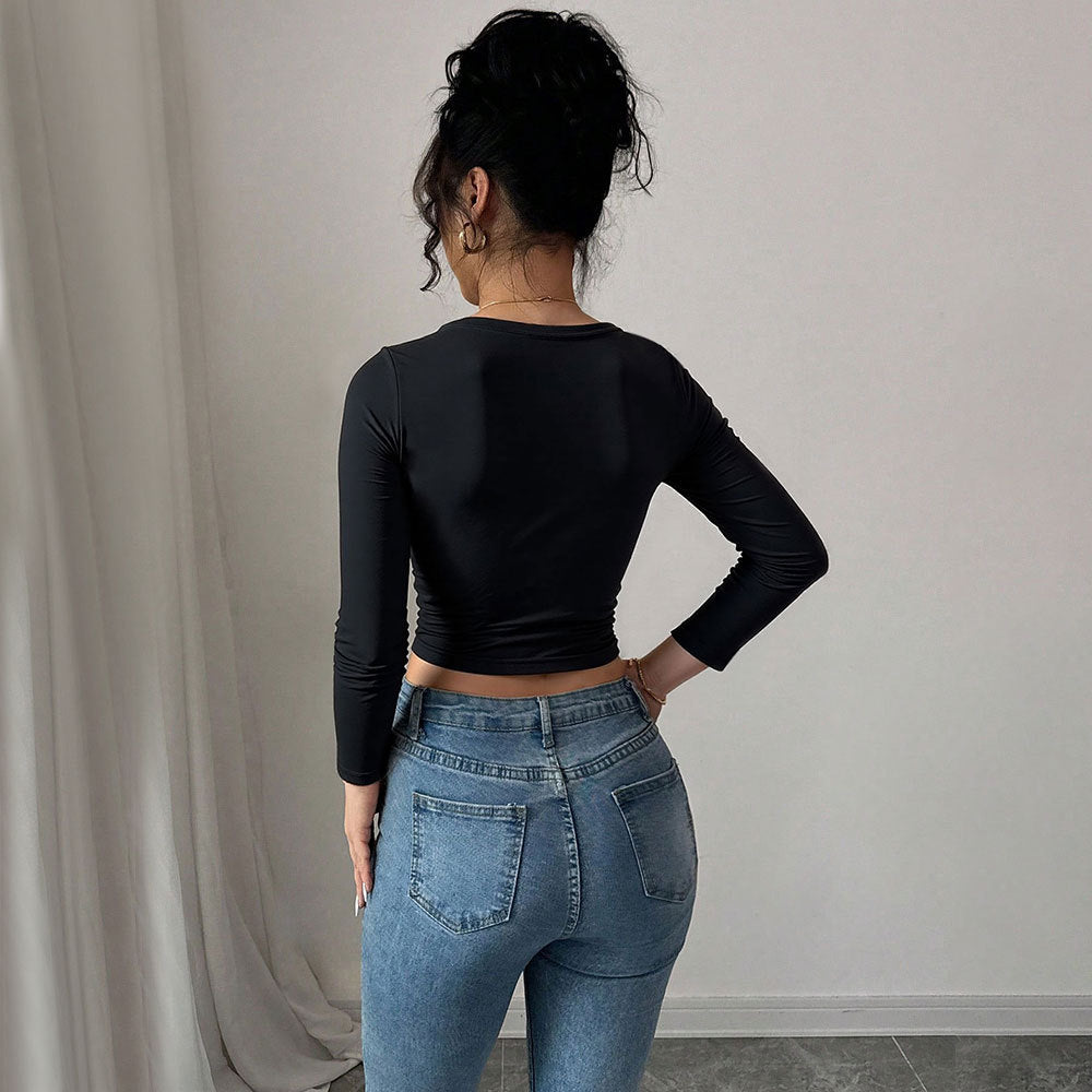 Damen Crop-Oberteil mit Zierknoten und langem Arm Drune