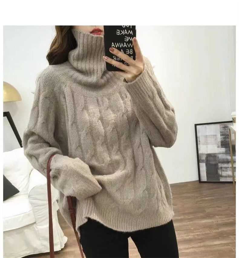 Damen Strickpullover mit hohem Kragen und Zopfmuster Drune