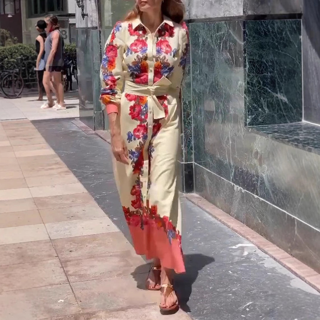 Damen nan langes Hemdblusenkleid mit floralem Print, Bindegürtel und Volantbesatz Drune