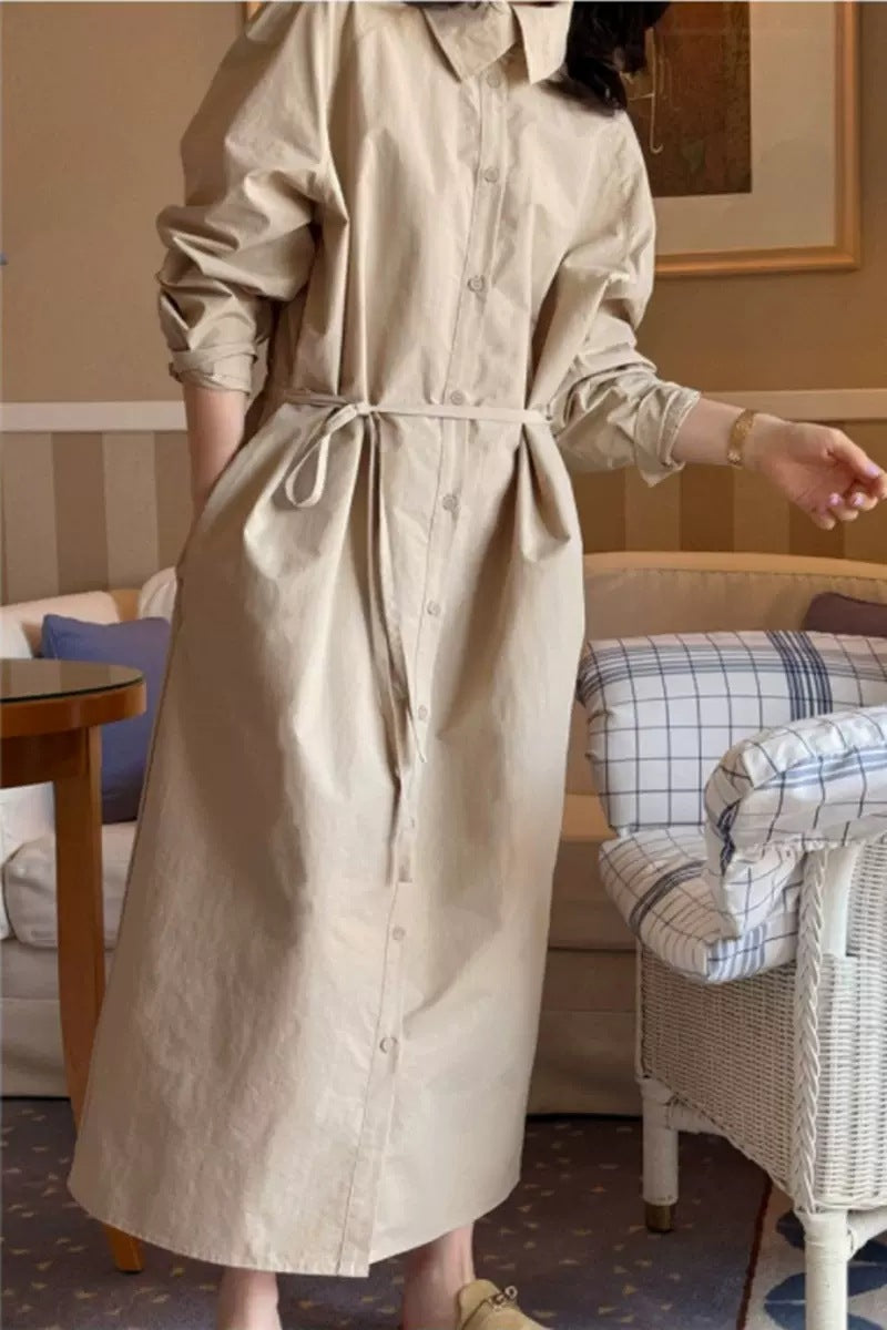 Damen Langärmeliges Hemdblusen-Maxikleid mit Taillengürtel und Eingrifftaschen Drune