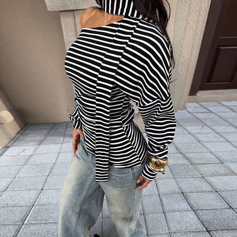 Damen asymmetrisches Streifenoberteil mit schulterfreiem Design und eleganter Schluppe Drune