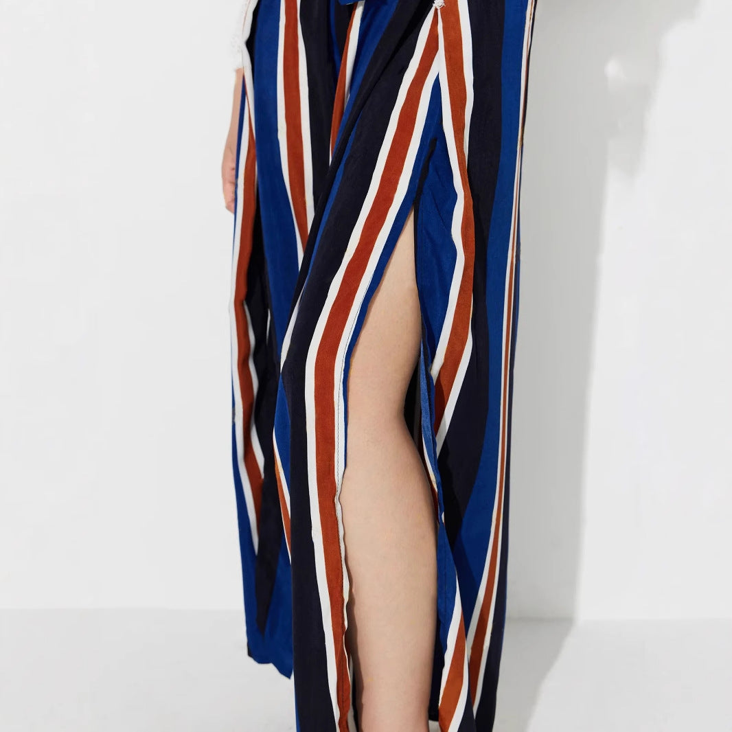 Damen weite Palazzo-Hose mit stylischem Bindegürtel und modernem Streifenmuster Drune