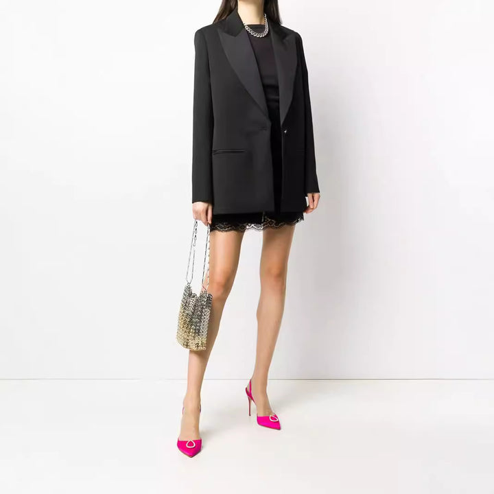 Damen Oversize Einreihiger Longblazer mit Satin-Schalkragen und cleanem Tailoring Drune
