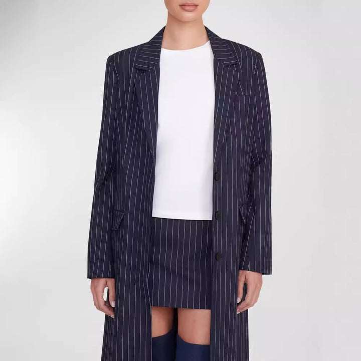 Damen Oversize Longline-Mantel im Nadelstreifen-Look mit Schlitz und Pattentaschen Drune