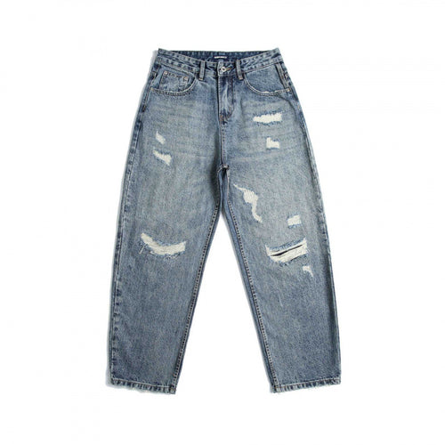 Damen Hochtaillierte Baggy-Jeans mit Rissen und geradem Bein Drune