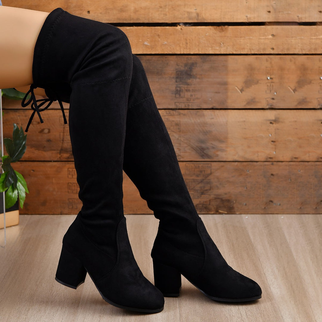 Damen Stretch Overknee Stiefel mit elastischem Schaft und mittlerem Blockabsatz Drune