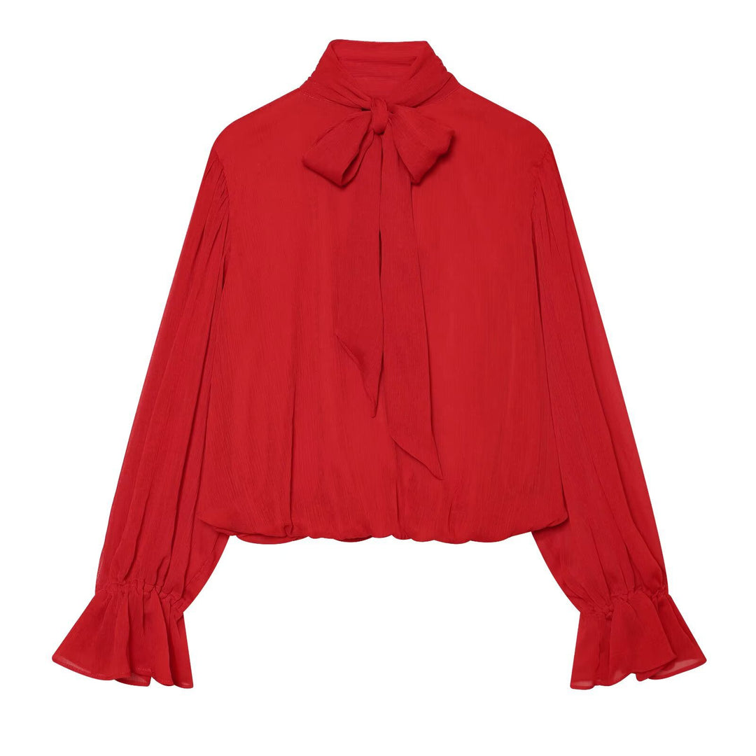 Damen Chiffon-Bluse mit Schluppe, Stehkragen und gerafften Ballonärmeln Drune