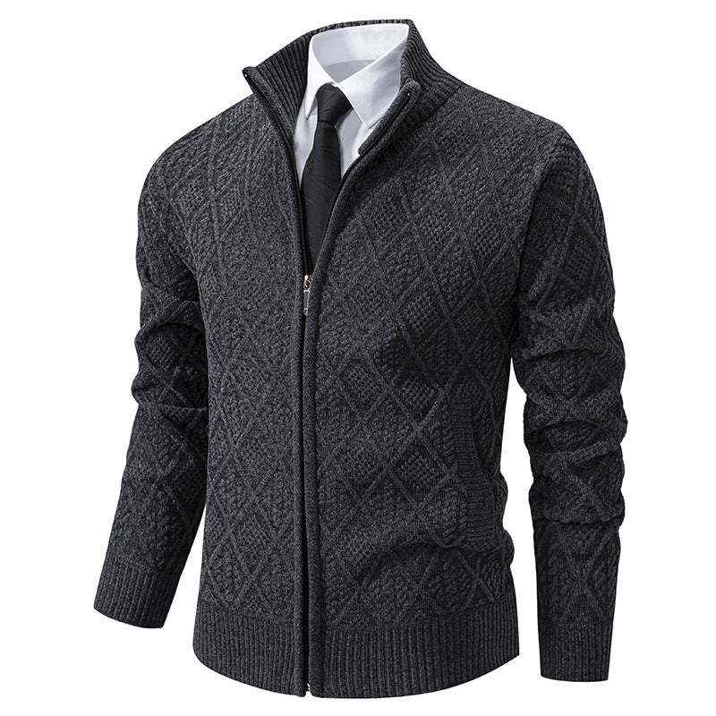 Herren Strickzipjacke mit Rautenmuster, Stehkragen und durchgehendem Reißverschluss Drune