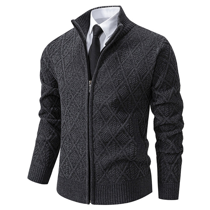 Herren Strickzipjacke mit Rautenmuster, Stehkragen und durchgehendem Reißverschluss Drune
