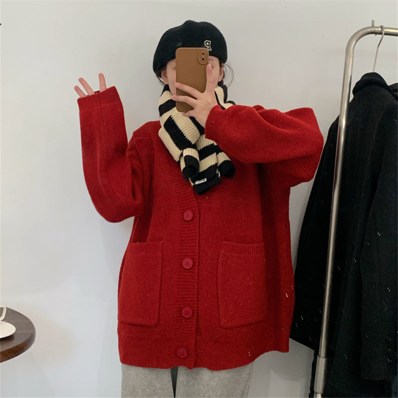 Damen kuschelige Strickjacke mit großen Taschen und durchgehendem Knopfverschluss Drune