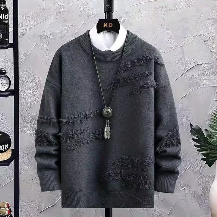Herren Oversized Strickpullover mit Fransen‑Used‑Details und Rundhalsausschnitt Drune