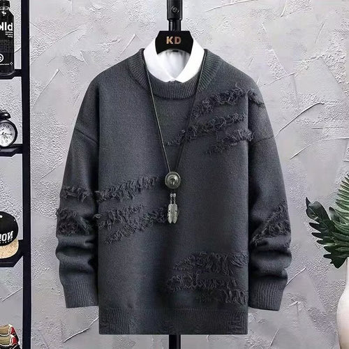 Herren Oversized Strickpullover mit Fransen‑Used‑Details und Rundhalsausschnitt Drune