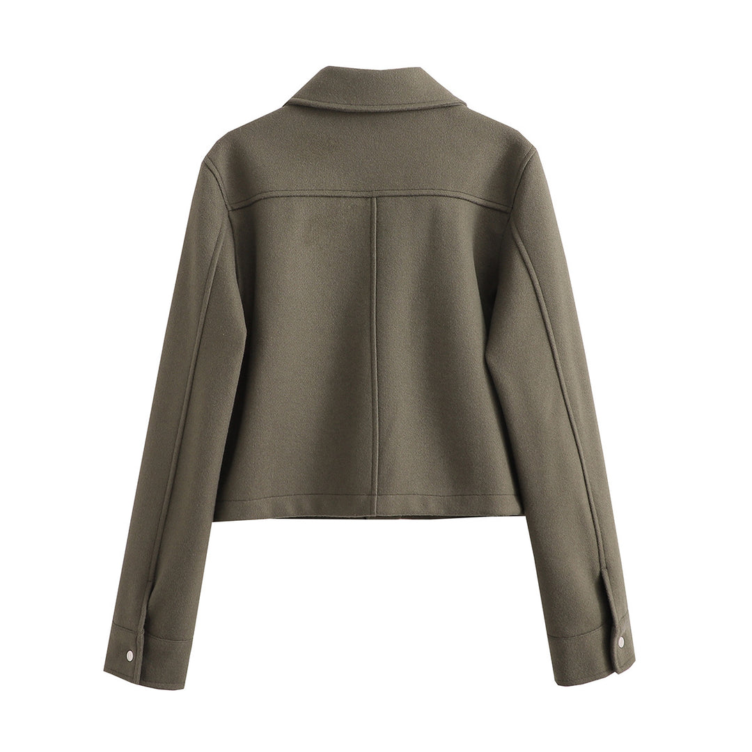 Damen Kurz geschnittene Wolloptik-Jacke mit Pattentaschen und Druckknöpfen Drune