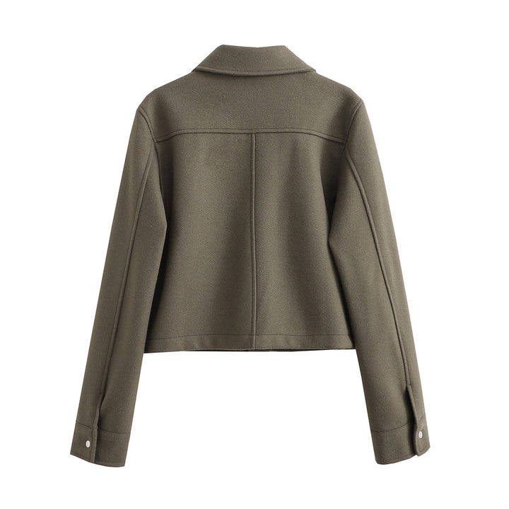 Damen Kurz geschnittene Wolloptik-Jacke mit Pattentaschen und Druckknöpfen Drune