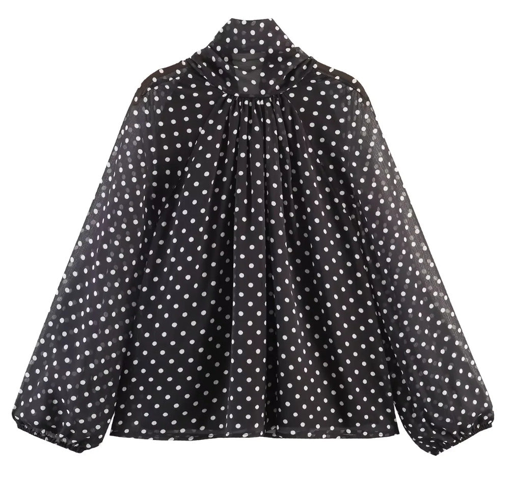 Damen 100+ Chiffonbluse mit Schleifenkragen, Puffärmeln und Tupfenprint Drune