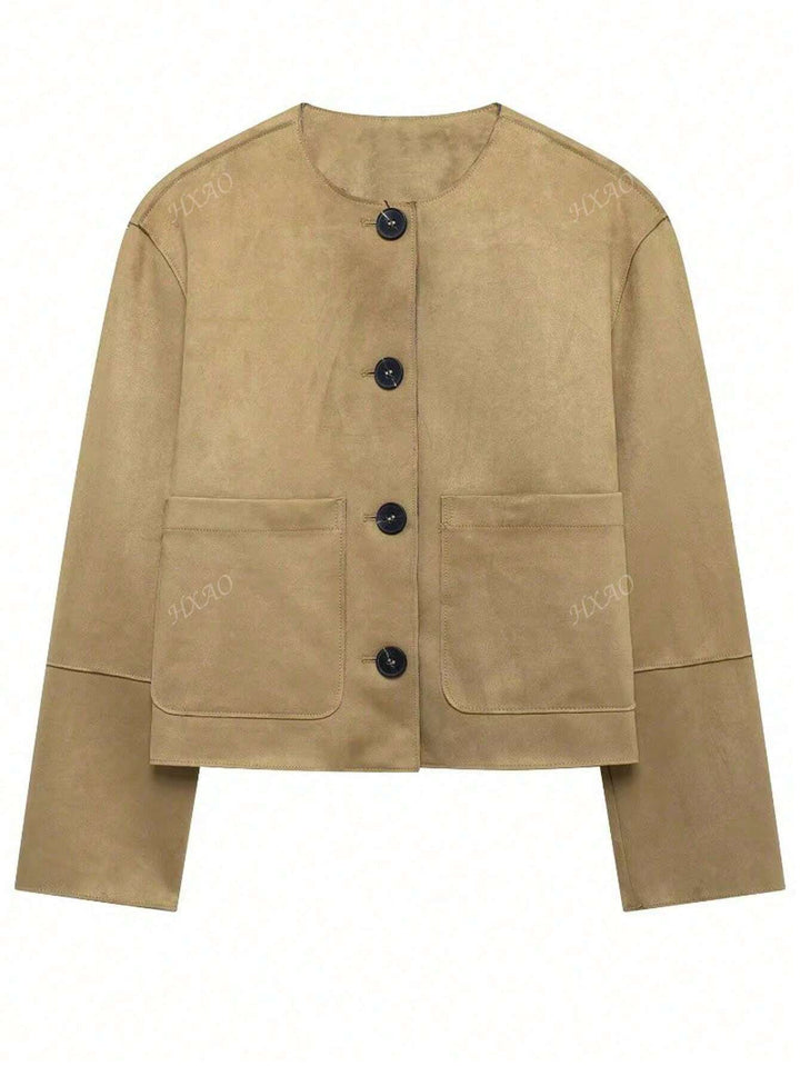 Damen modische Kurzjacke mit praktischen Taschen und Knopfverschluss Drune