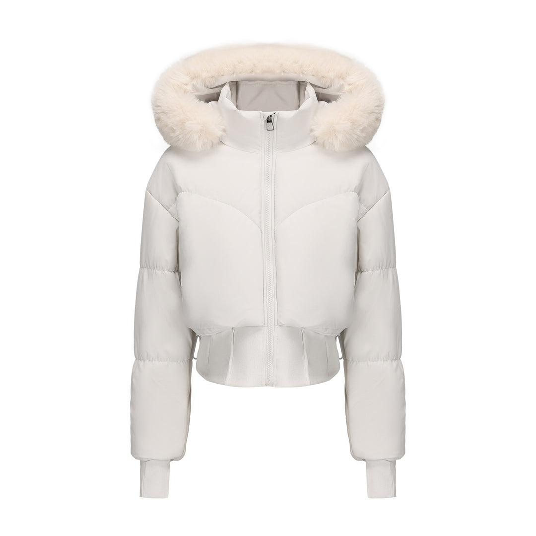Damen cropped Daunenjacke mit abnehmbarer Kapuze und Kunstfellbesatz Drune