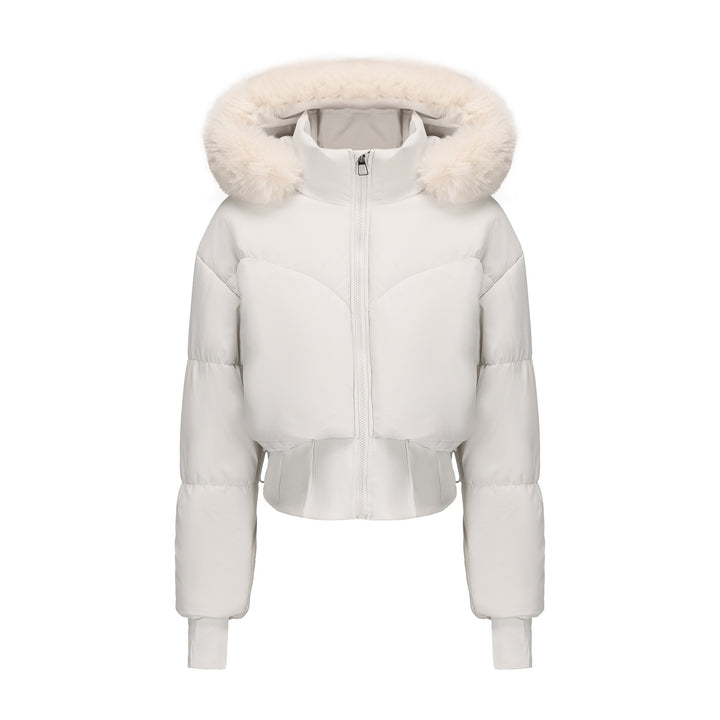 Damen cropped Daunenjacke mit abnehmbarer Kapuze und Kunstfellbesatz Drune