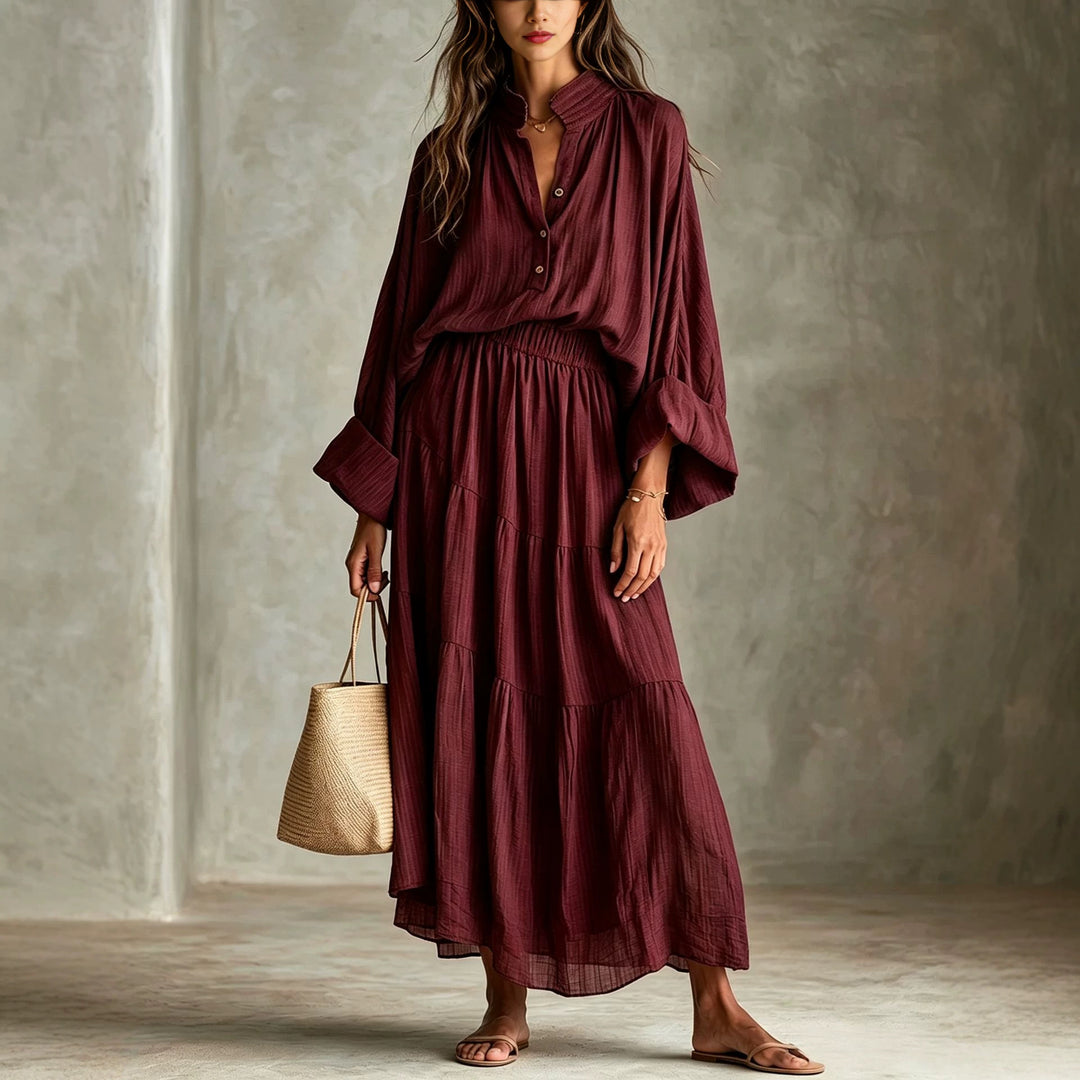 Damen Maxikleid mit geraffter Taille, Stehkragen und voluminösen Ballonärmeln Drune