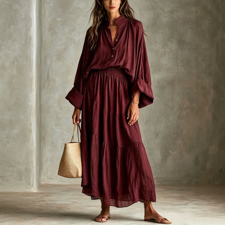 Damen Maxikleid mit geraffter Taille, Stehkragen und voluminösen Ballonärmeln Drune