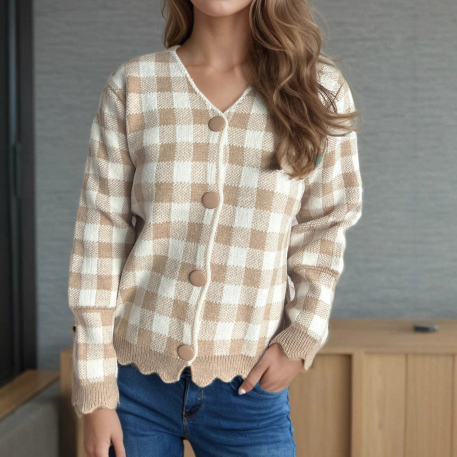 Damen lässige Strickjacke mit kräftigem Karomuster und modischen Knopfdetails Drune