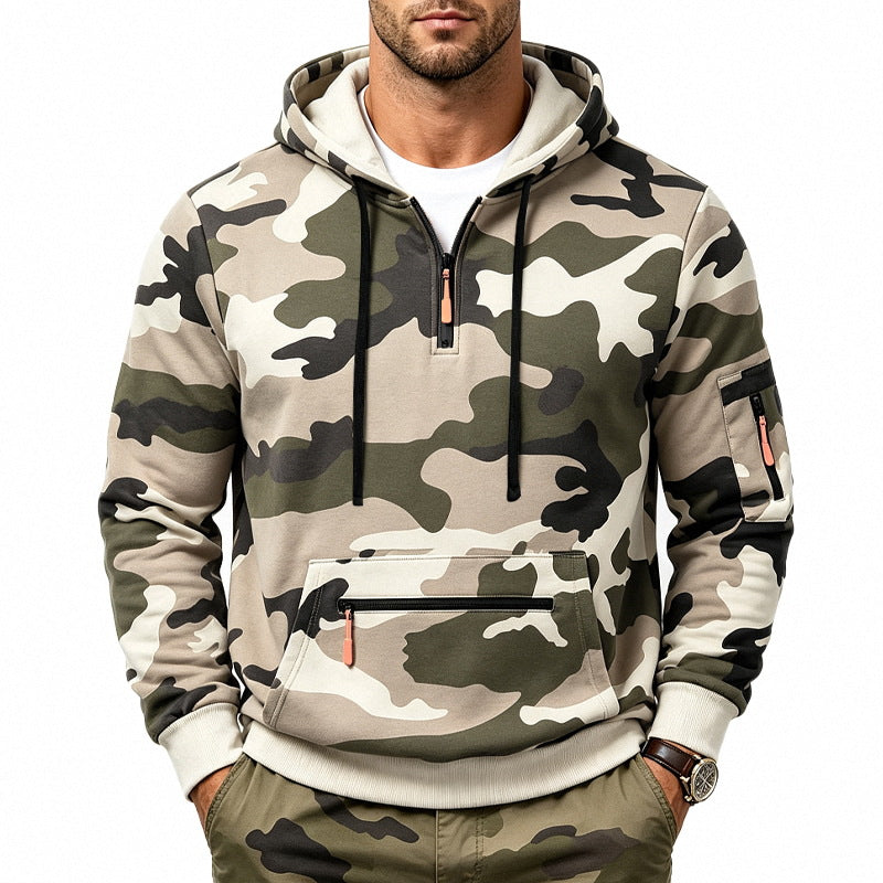 Herren Kapuzenpullover mit Tarnmuster, Reißverschlusstaschen und Kängurutasche Drune