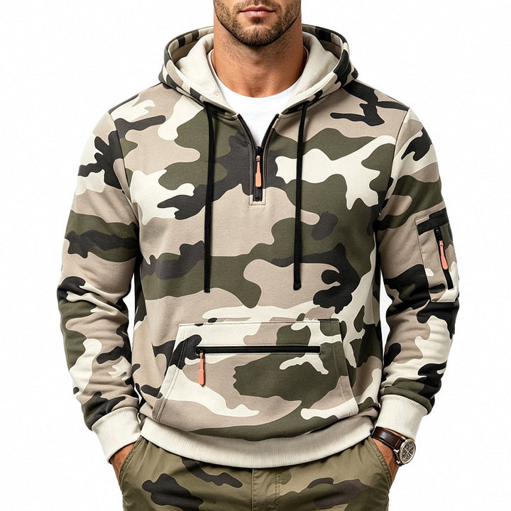 Herren Kapuzenpullover mit Tarnmuster, Reißverschlusstaschen und Kängurutasche Drune