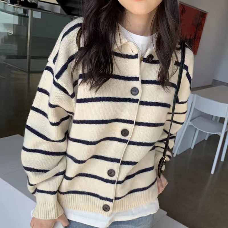 Damen lässige Strickjacke mit maritimem Streifenmuster und schmalem Schnitt Drune