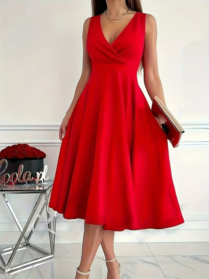 Damen elegantes A-Linie Wickelkleid mit V-Ausschnitt Drune