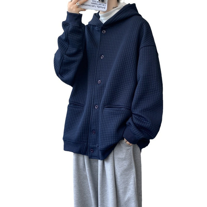 Herren Oversize-Stepp-Kapuzenjacke mit Waffelstruktur, Knopfleiste und Eingrifftaschen Drune