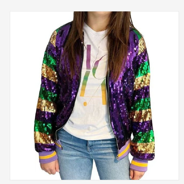Damen Glitzernde Bomberjacke mit multicolore Pailletten Drune