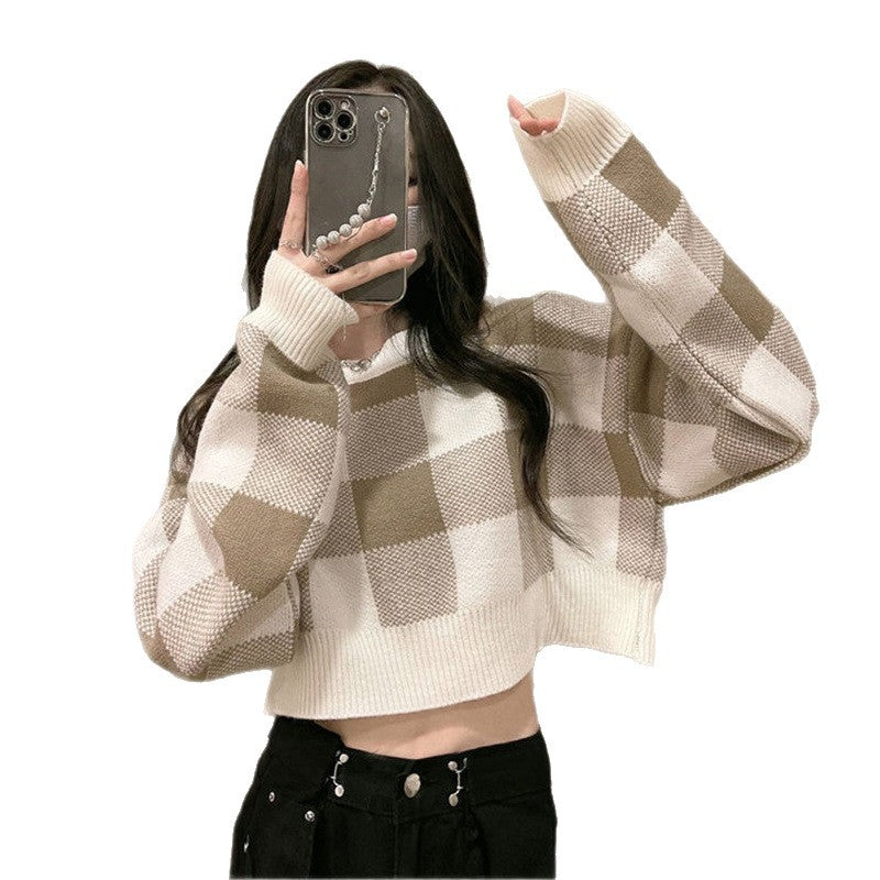 Damen modischer cropped Pullover mit Karomuster Drune