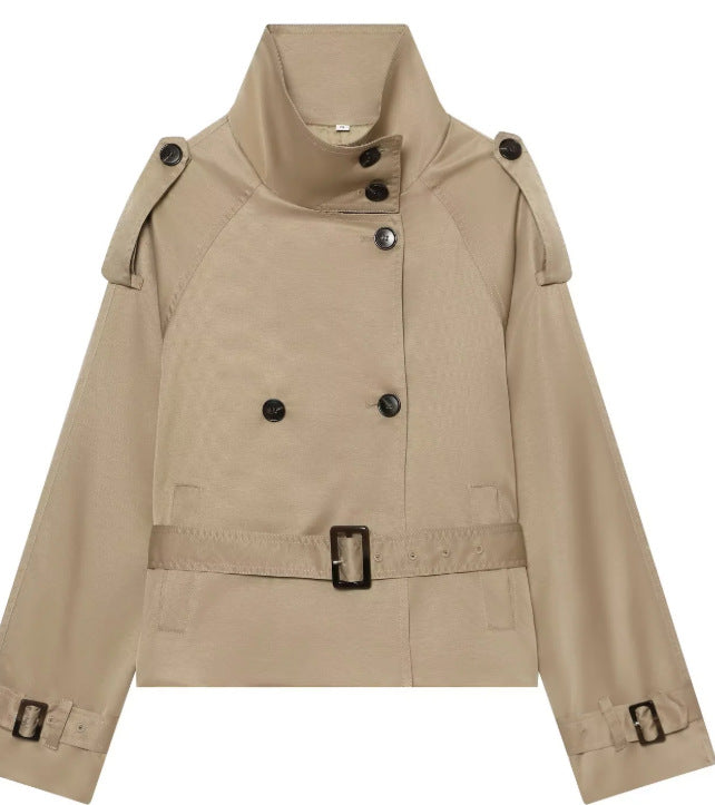 Damen Kurz geschnittener Trenchblouson mit hohem Stehkragen und Taillengürtel Drune
