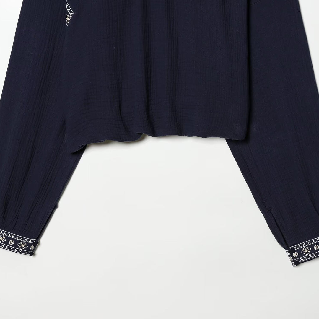 Damen nan bestickte Boho-Bluse mit gerafftem Stehkragen, Ballonärmeln und kurzem Saum Drune