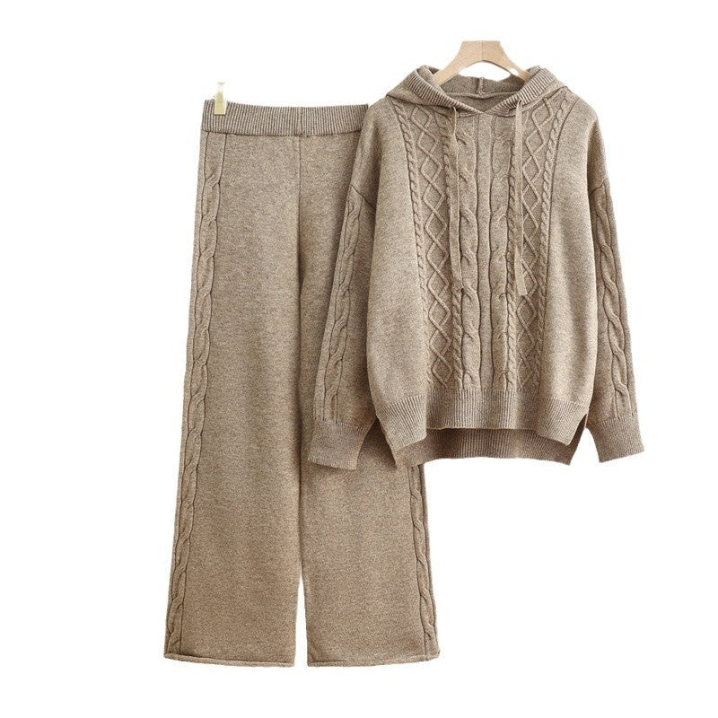 Damen lässiges Strick-Loungewear-Set mit Kapuze und breiten Beinen Drune
